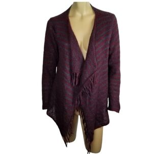 Wooden Ships Wool Mohair Open Cardigan Fringe Stripes S/M Loose Knit Lightweight